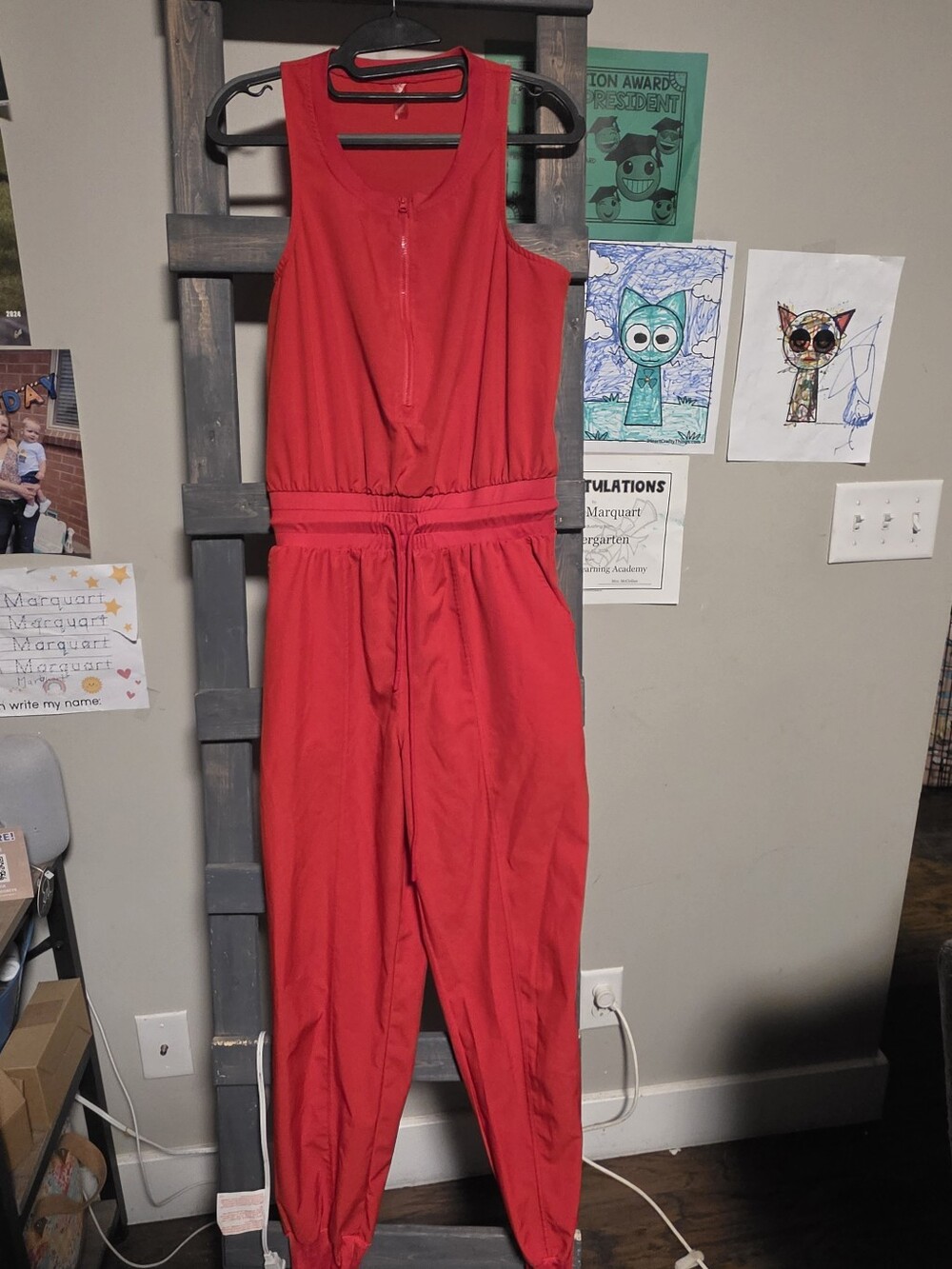 Buckle Red Sleeveless Zip-Front Jumpsuit with Jogger Style Leg Openings